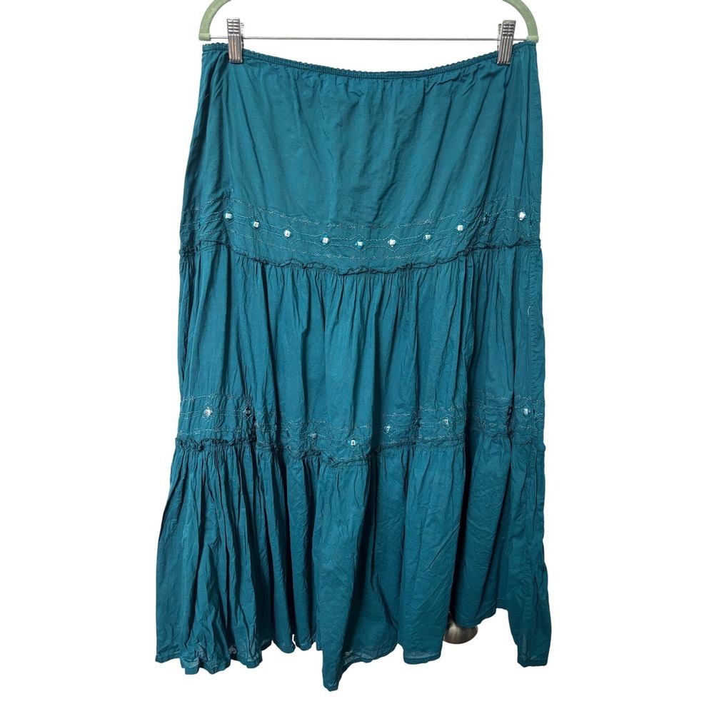 Y2K Traxx Teal Blue Cotton Tiered Midi Skirt Embroidered Womens L